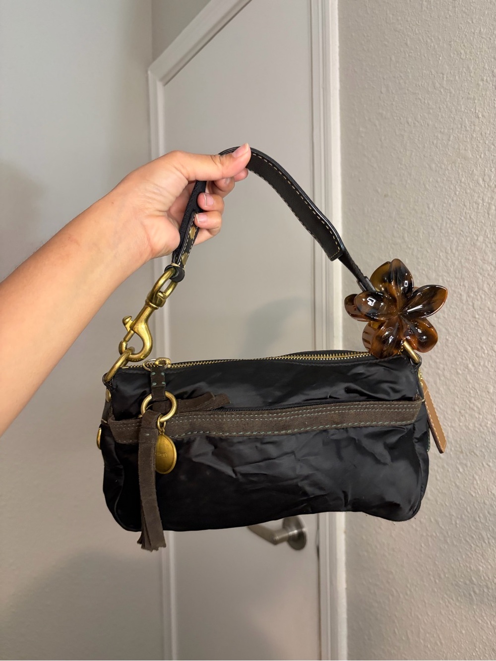 Coach Black Satin Baguette Shoulder Bag with Flower Charm